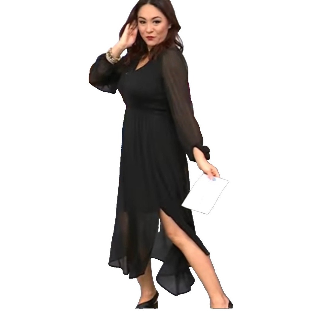 Jessica Simpson Black Chiffon V-Neck Midi Dress Sheer Long Sleeve Plus Size 1X